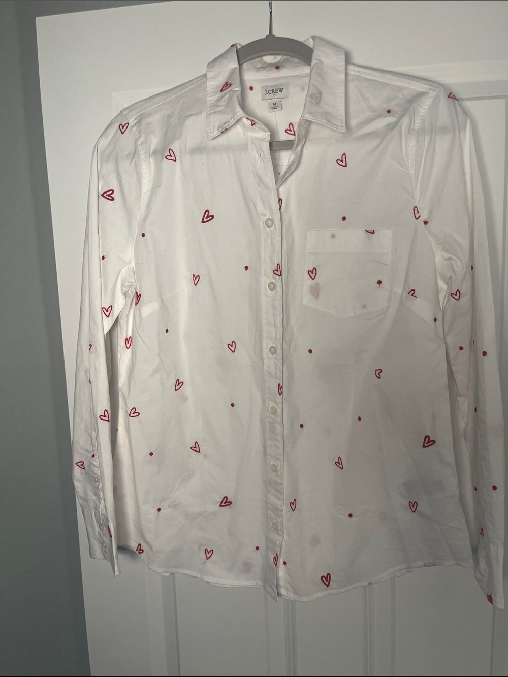 J. Crew White Button-Up Shirt with Red Heart Print